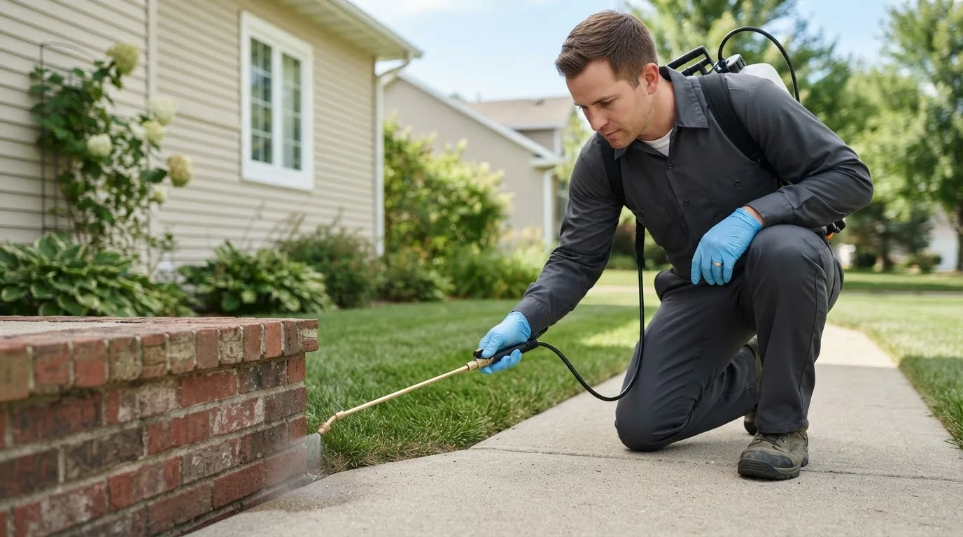 Pest control technician treating a home near Gorham, KS